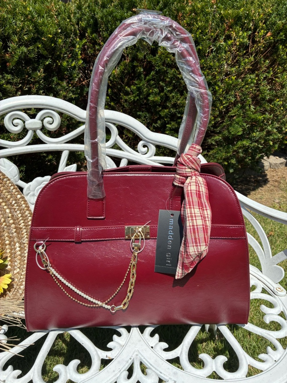 NWT! Madden Girl Large Structured Maroon Satchel with Gold Chain and Scarf